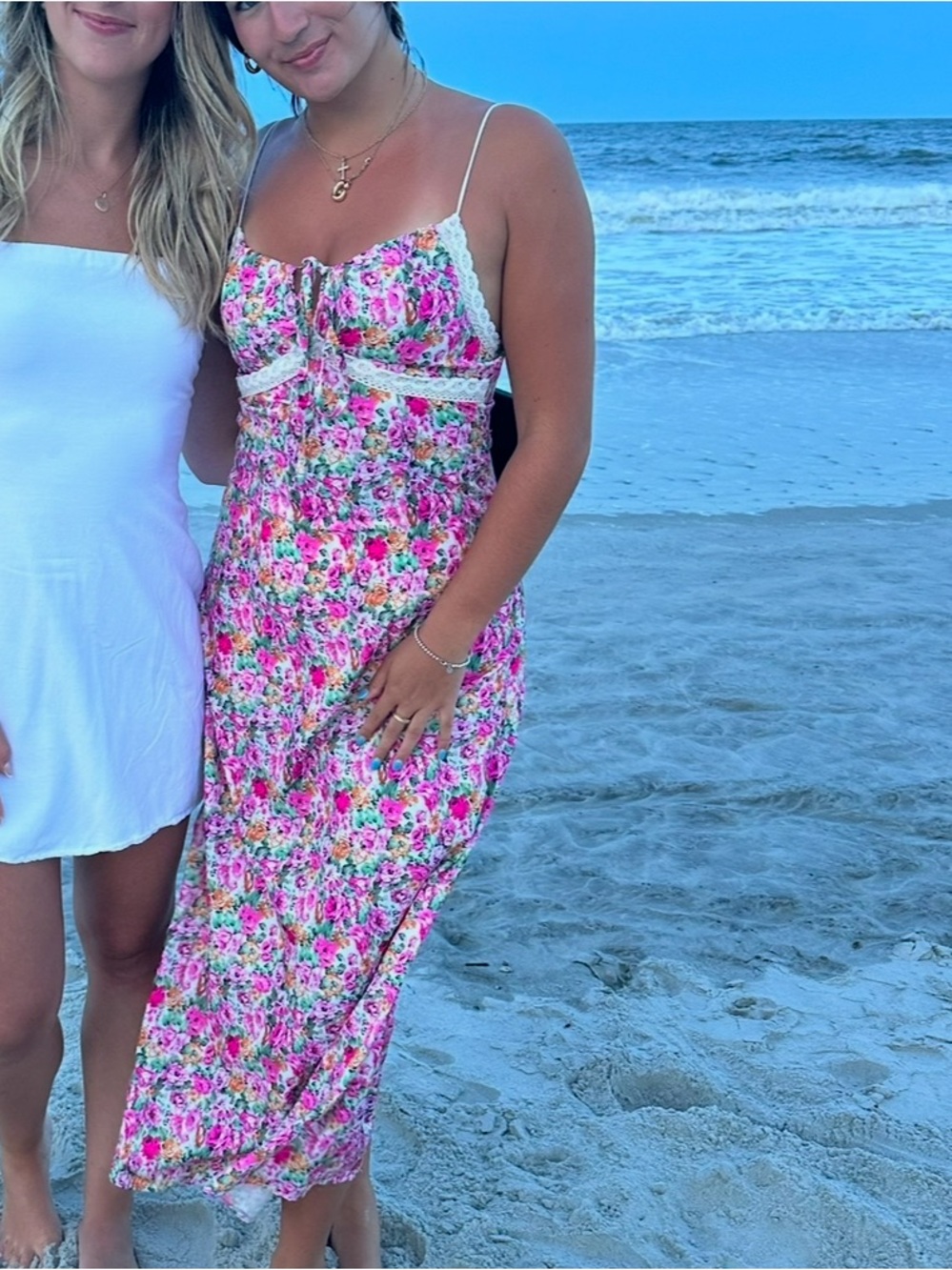 Floral Midi Slip Dress with Spaghetti Straps - Pink Floral